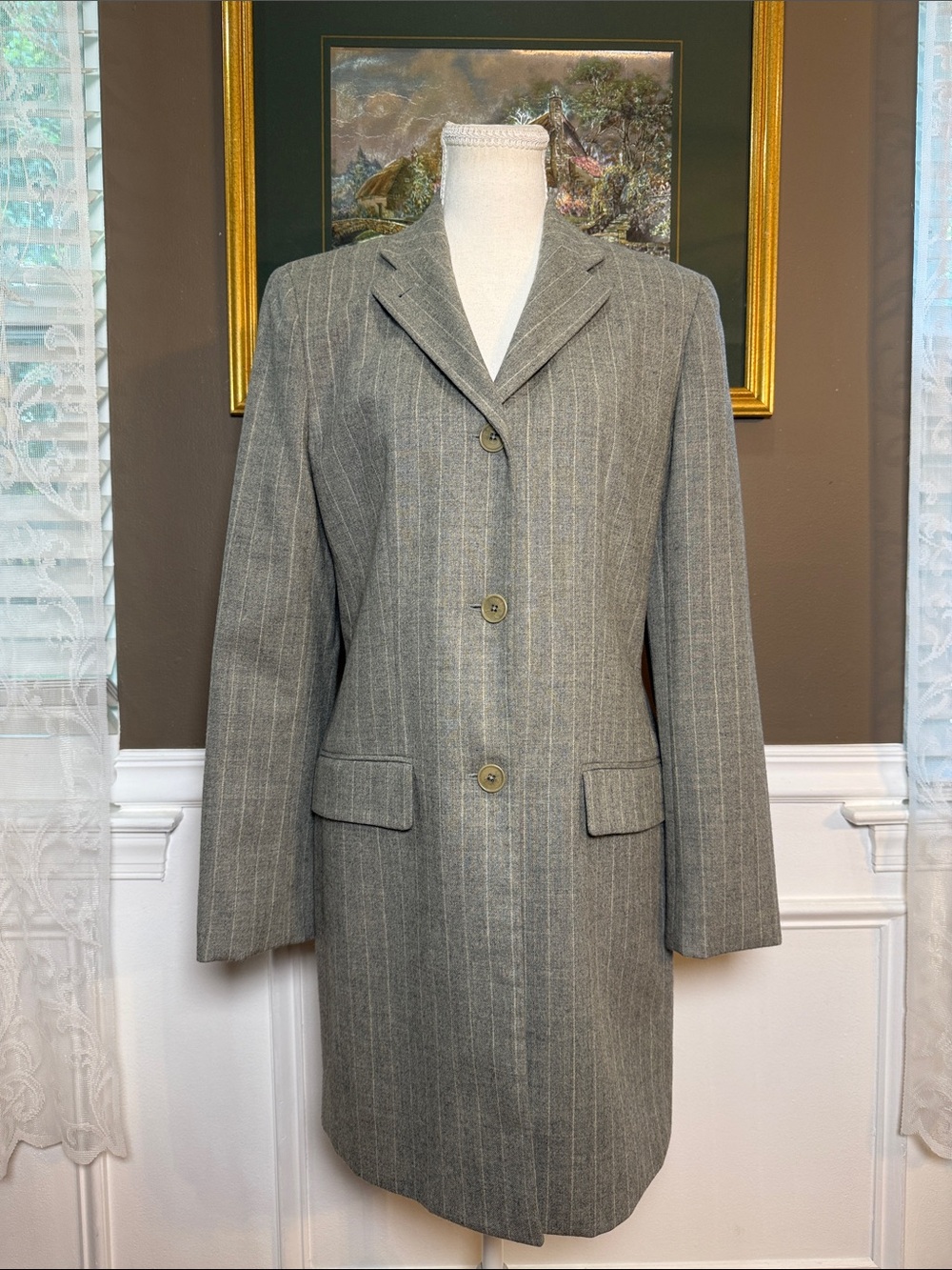Lauren‎ Ralph Lauren 100% Wool Gray Pinstripe 90s Longline Blazer Coat 8